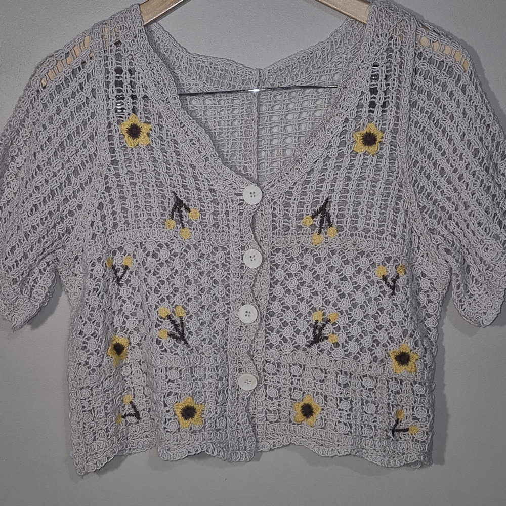Vintage Inspired Hippy Crochet Cardigan Embroidered Sunflower Motifs Y2k
